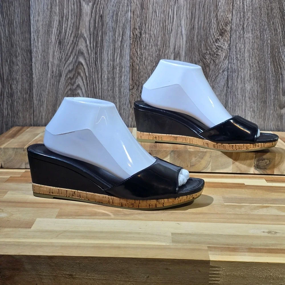 Talbots Black Leather Cork Wedge Sandals Open Toe Slide Shoes Women's 9.5B Black